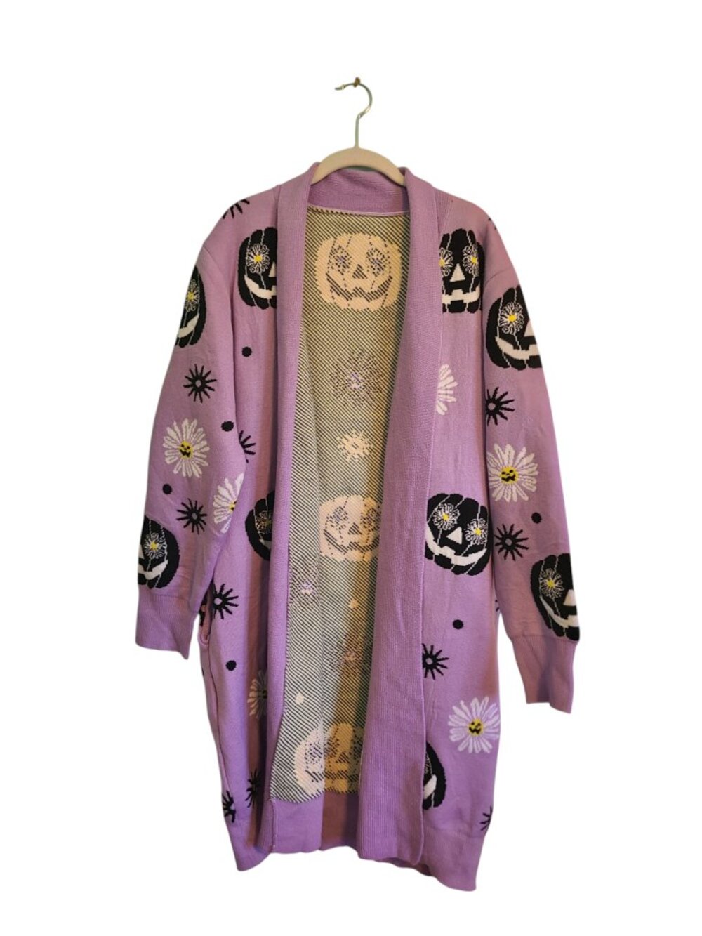Backstitch Bruja Springoween Cardigan Sweater Lavender Floral Jack O Lanterns